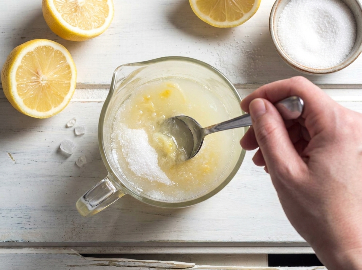 Freshly squeezed lemon juice and sugar being stirred together in a clear pitcher on a bright kitchen counter