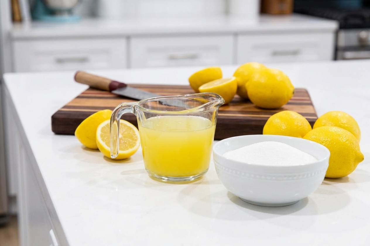 Freshly squeezed lemon juice in a measuring cup, a bowl of sugar, and whole lemons arranged on a clean kitchen counter