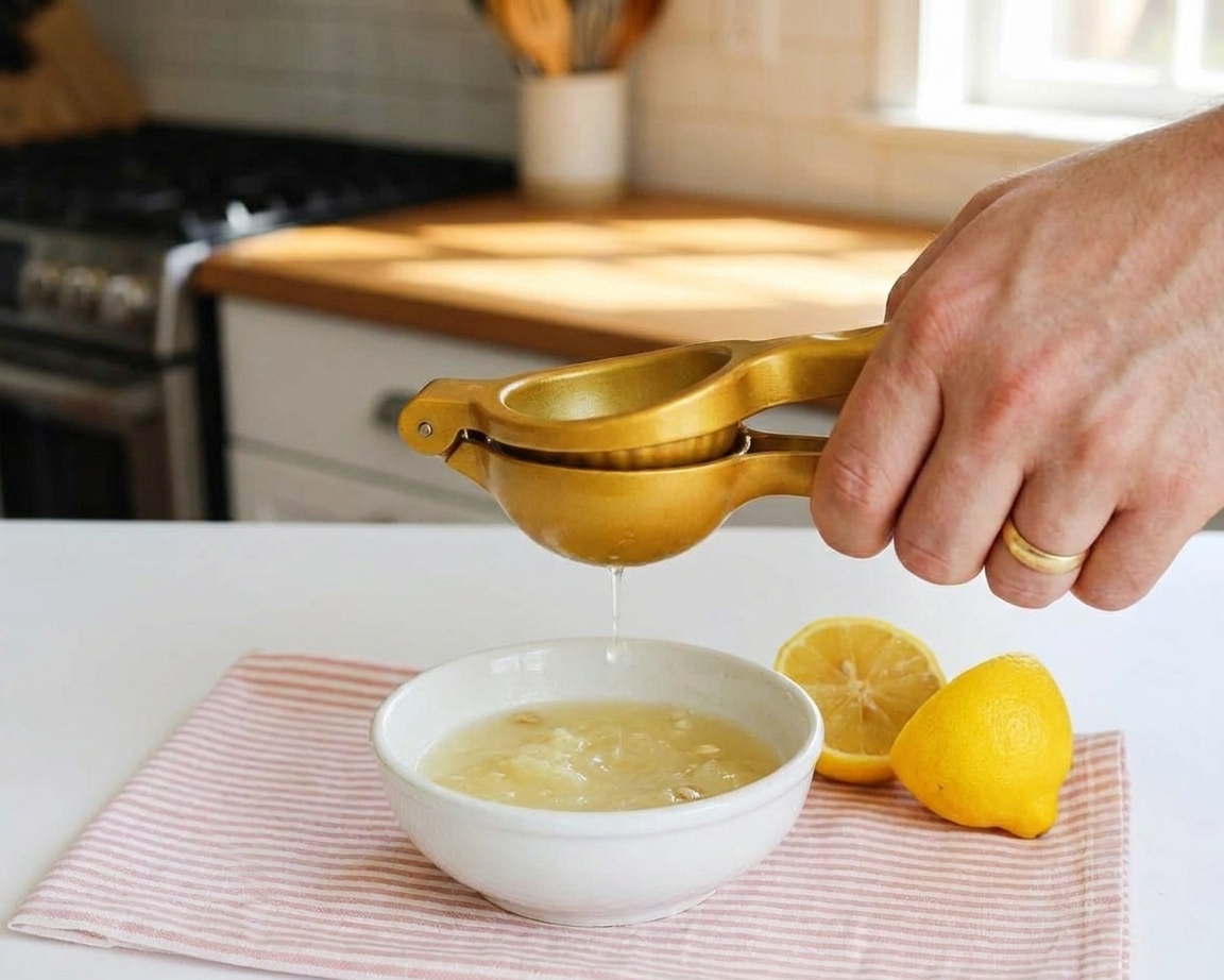 Freshly squeezed lemon juice in a small bowl on a kitchen counter