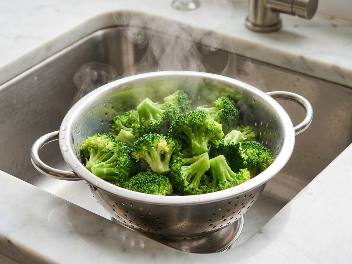 Freshly steamed broccoli florets draining in a colander over a sink, with visible steam