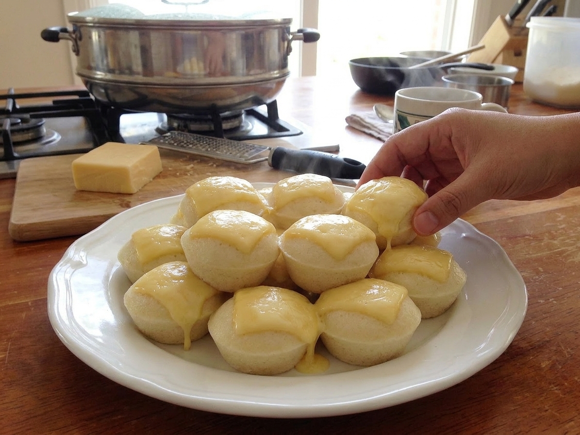 Freshly steamed puto arranged on a serving plate with melted cheese tops, set on a simple family dining table
