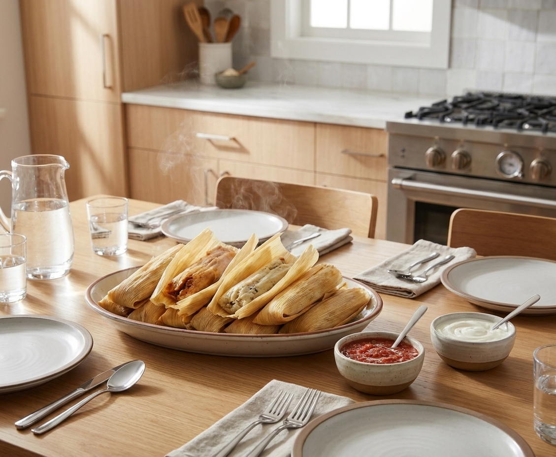 Freshly steamed tamales on a serving platter with small bowls of salsa and crema set on a simple family dinner table
