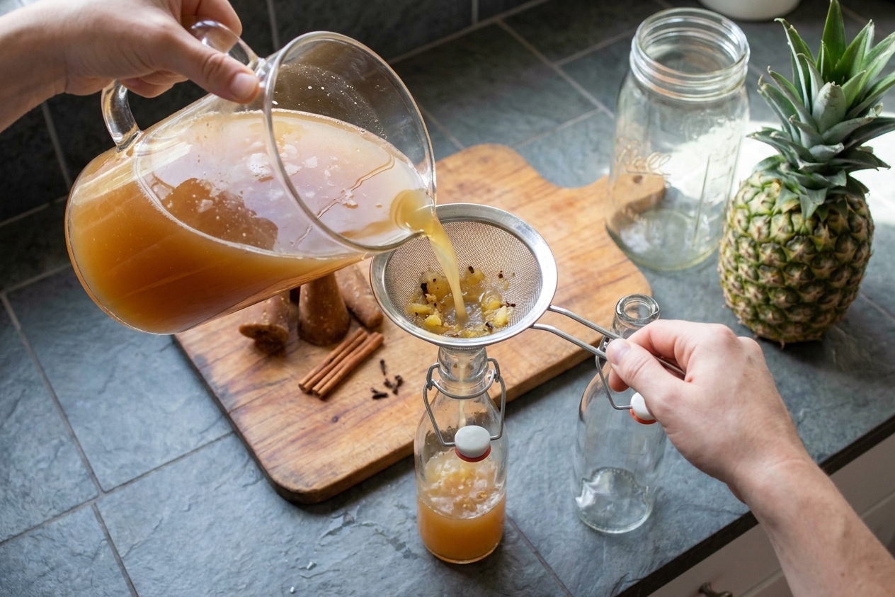 Freshly strained tepache being poured through a fine mesh strainer into glass bottles on a kitchen counter