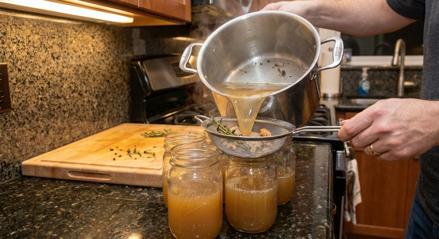 Freshly strained turkey stock being poured through a fine mesh strainer into glass jars on a kitchen counter