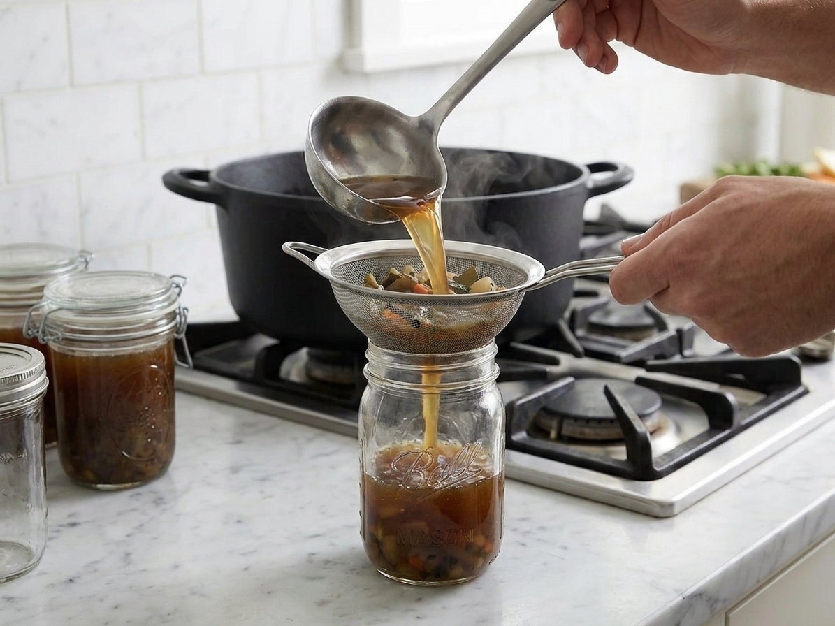 Freshly strained vegetable broth being poured through a fine mesh strainer into a clear glass jar on a kitchen counter