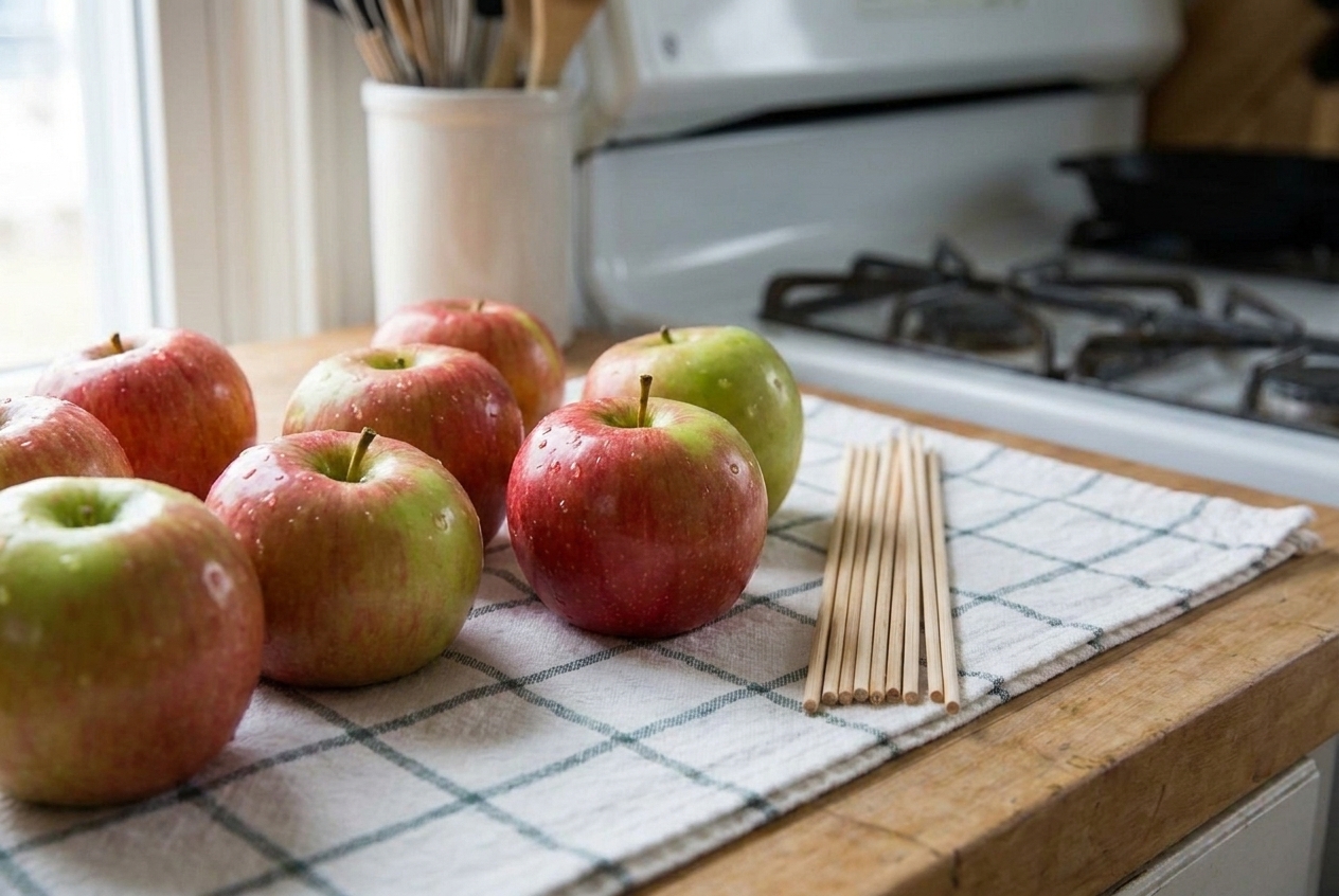 Freshly washed apples drying on a clean kitchen towel with wooden sticks nearby