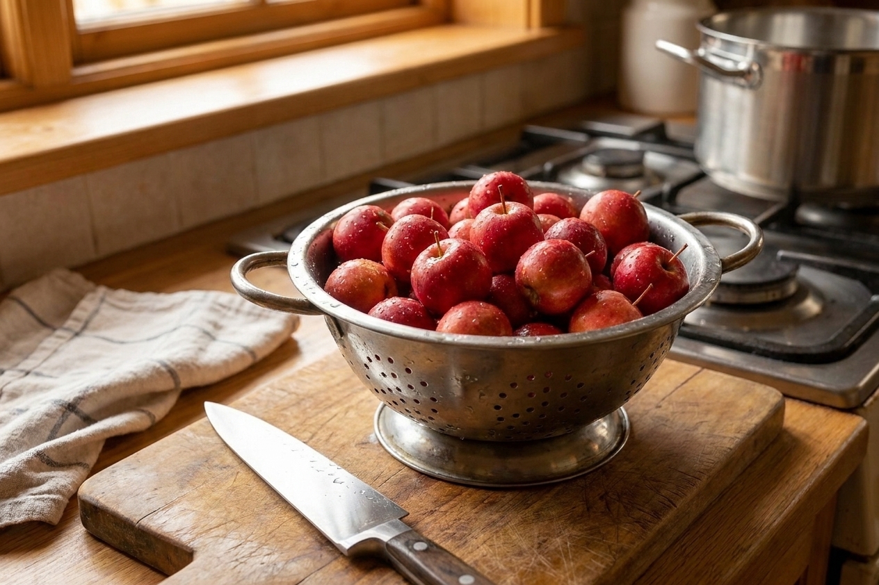 Freshly washed crab apples in a metal colander on a kitchen counter next to a cutting board and knife, soft daylight