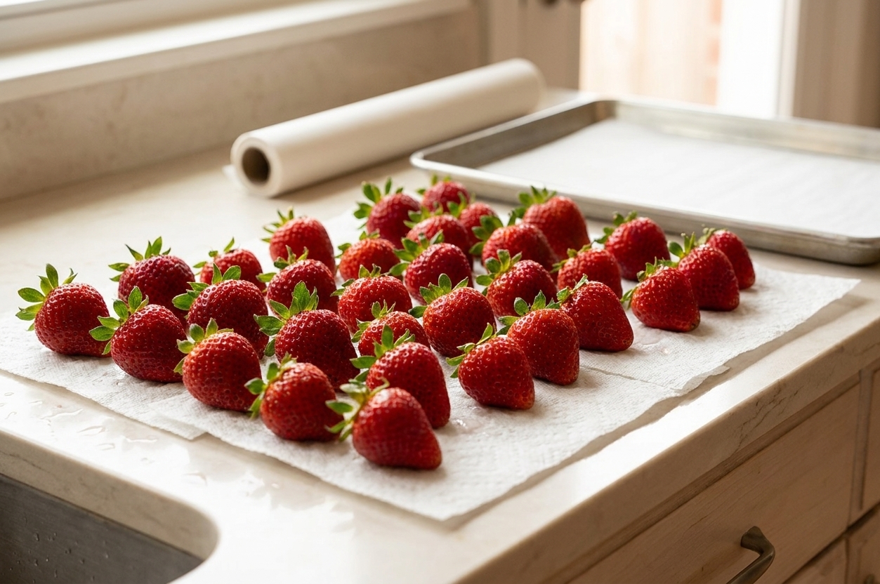 Freshly washed strawberries drying on paper towels on a kitchen counter with parchment paper and a baking sheet nearby