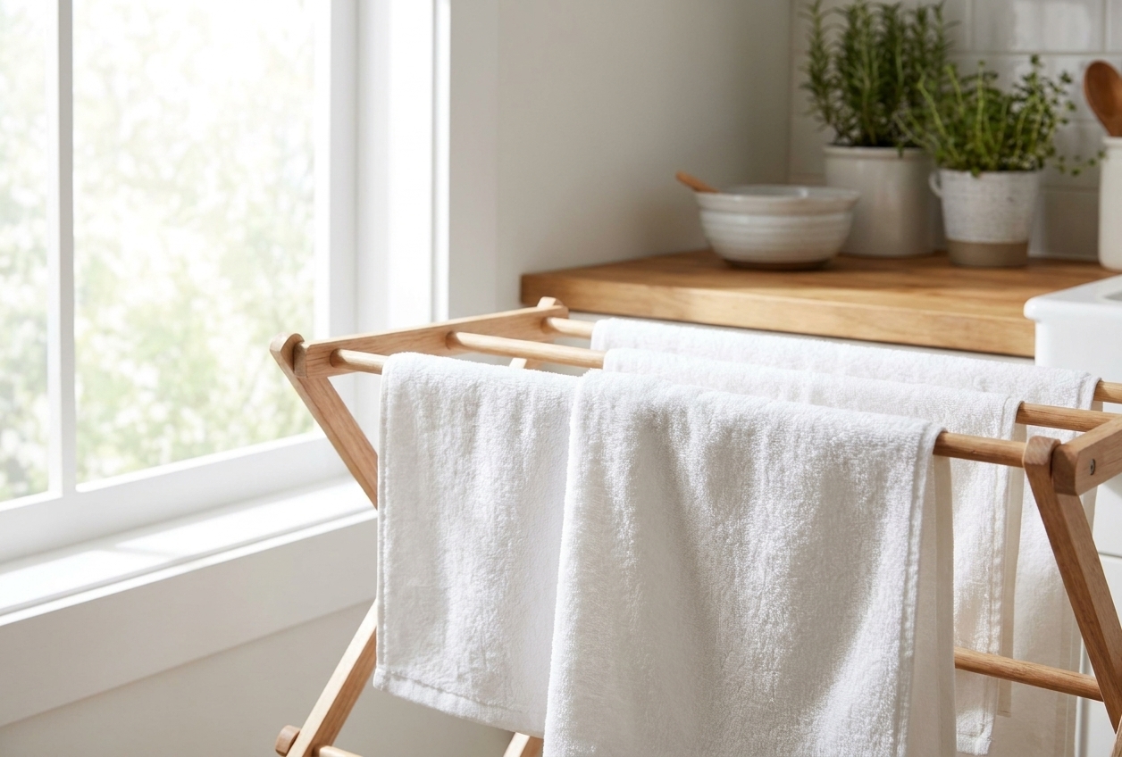 Freshly washed white towels hanging on a drying rack near a bright window with soft natural light