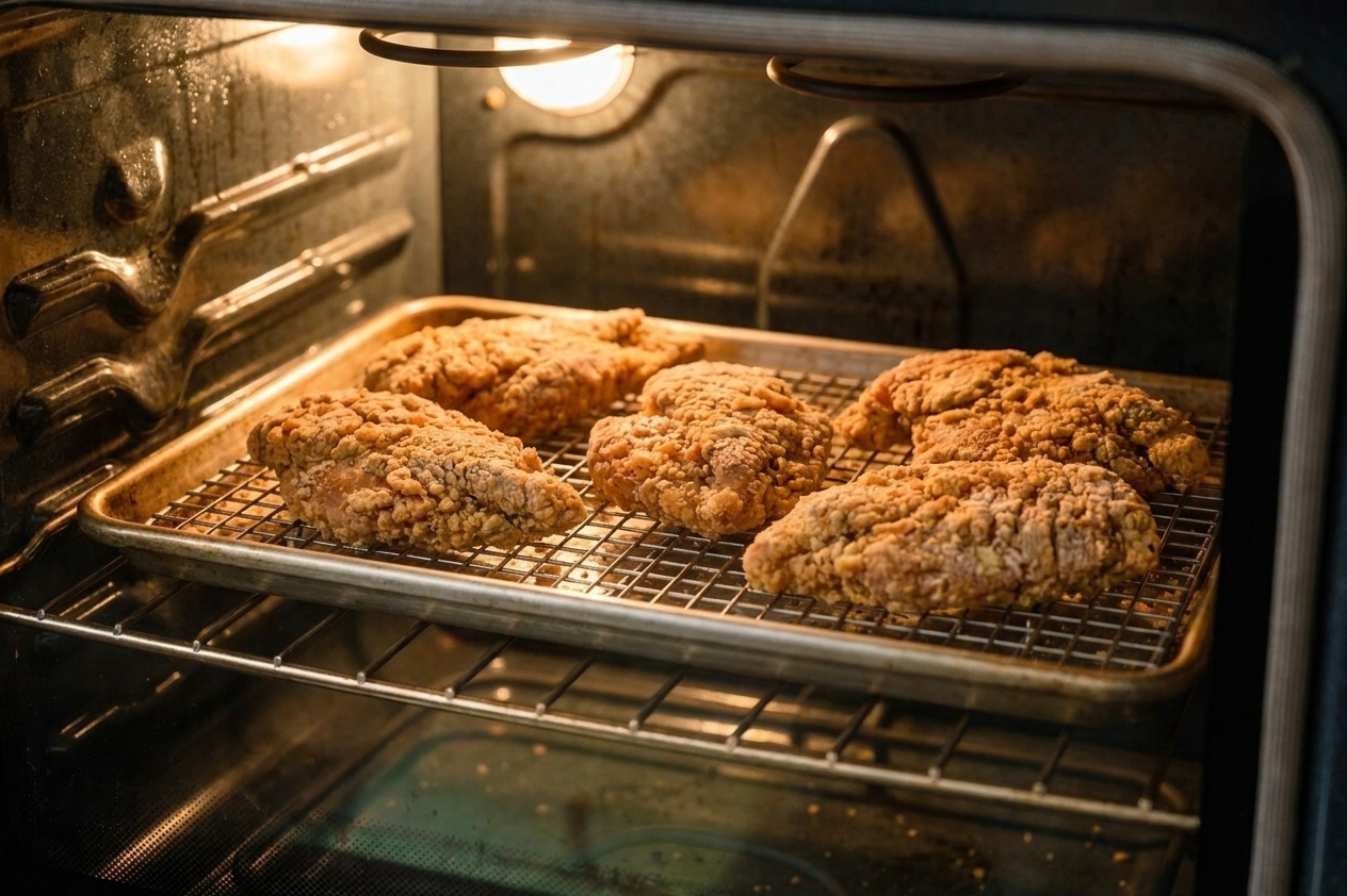 Fried chicken cutlets reheating on a wire rack over a sheet pan inside a home oven