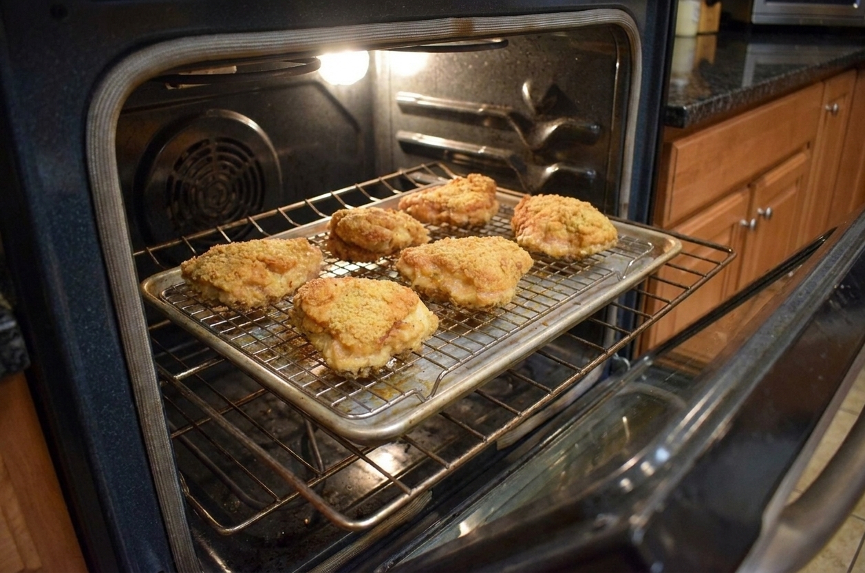 Fried chicken pieces reheating on a wire rack over a sheet pan inside a home oven with the door slightly open