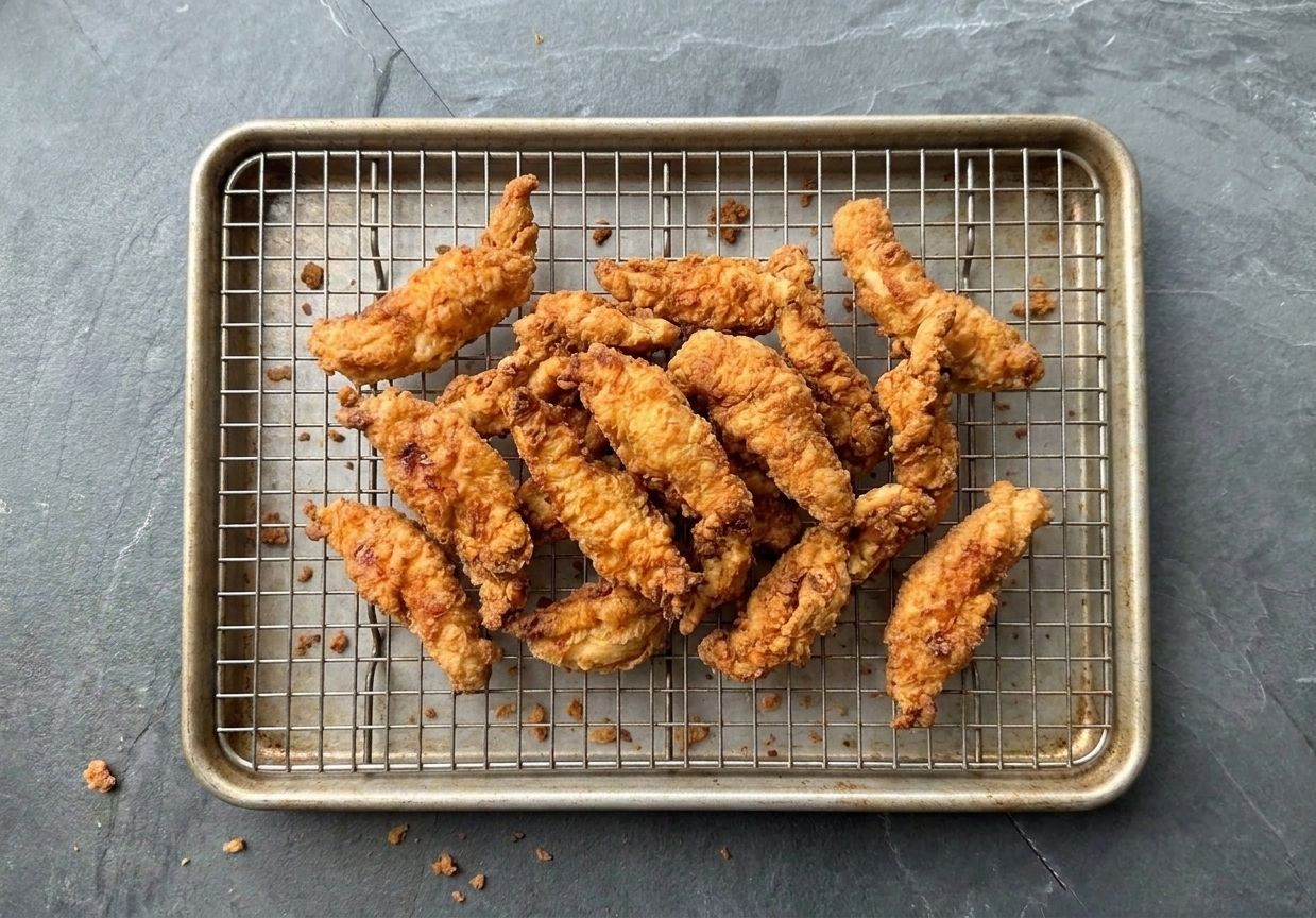 Fried chicken strips cooling on a wire rack set over a sheet pan on a kitchen counter, with a few crumbs scattered