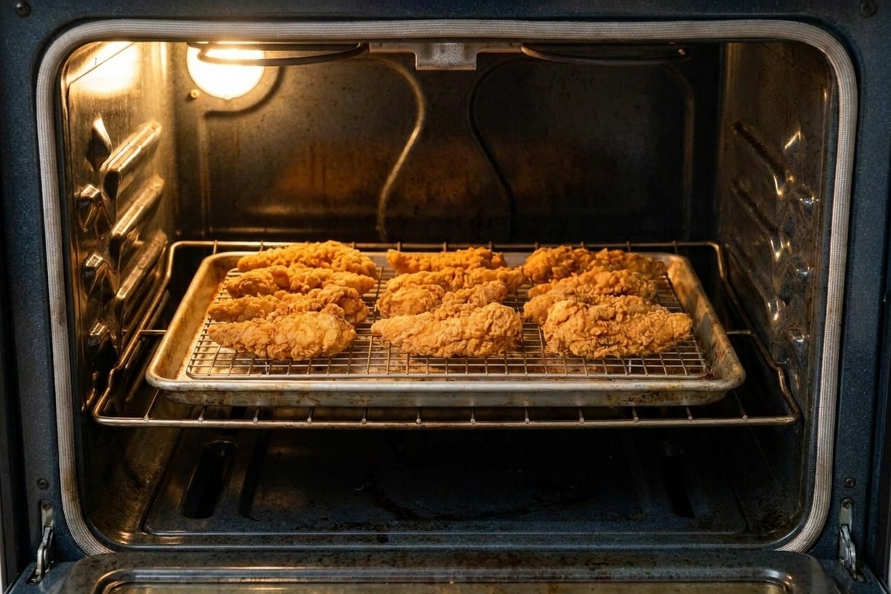 Fried chicken tenders reheating on a wire rack over a baking sheet in a home oven