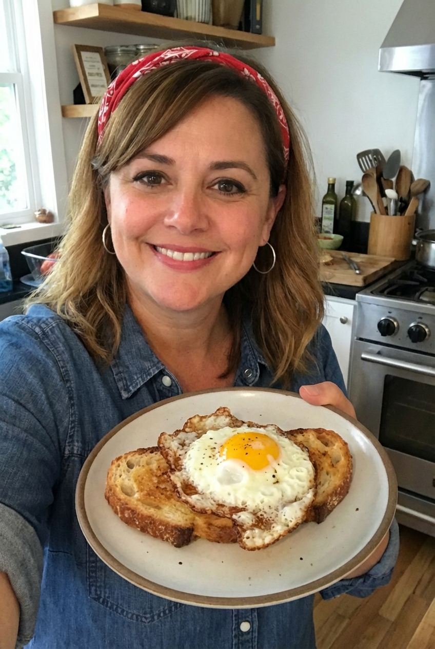 Fried egg with crispy edges on toast