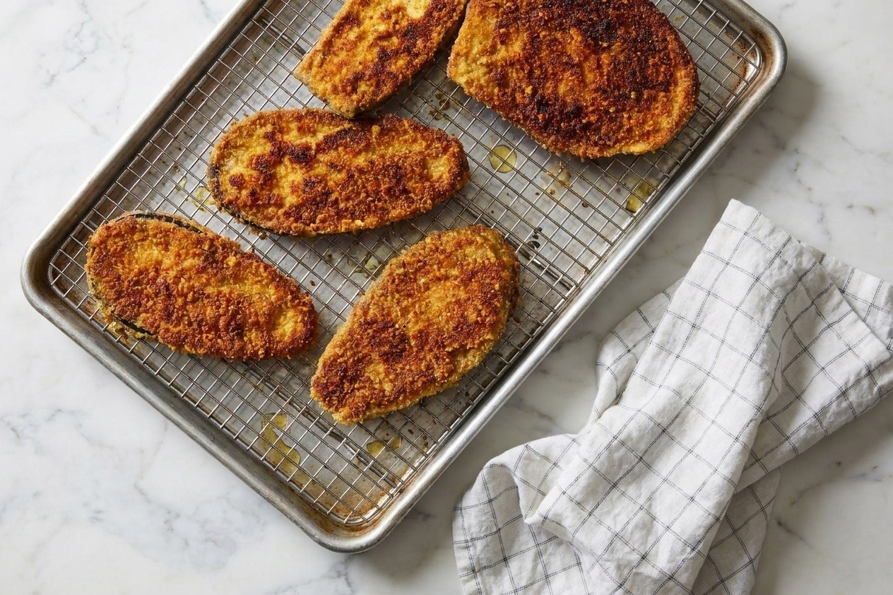 Fried eggplant slices cooling on a wire rack set over a sheet pan in a home kitchen