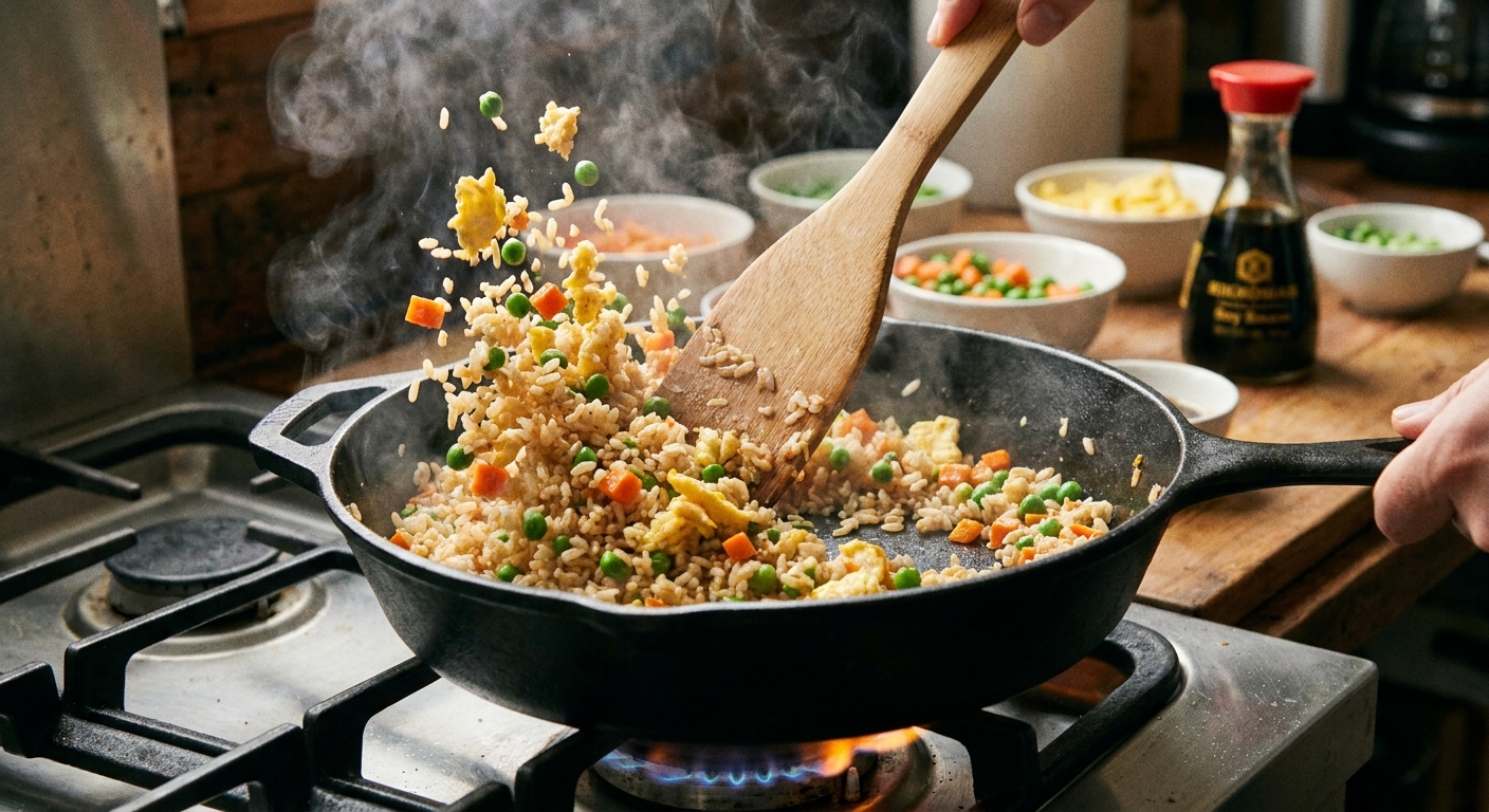 Fried rice being stirred with a wooden spatula in a hot skillet with separated grains, peas, carrots, and egg