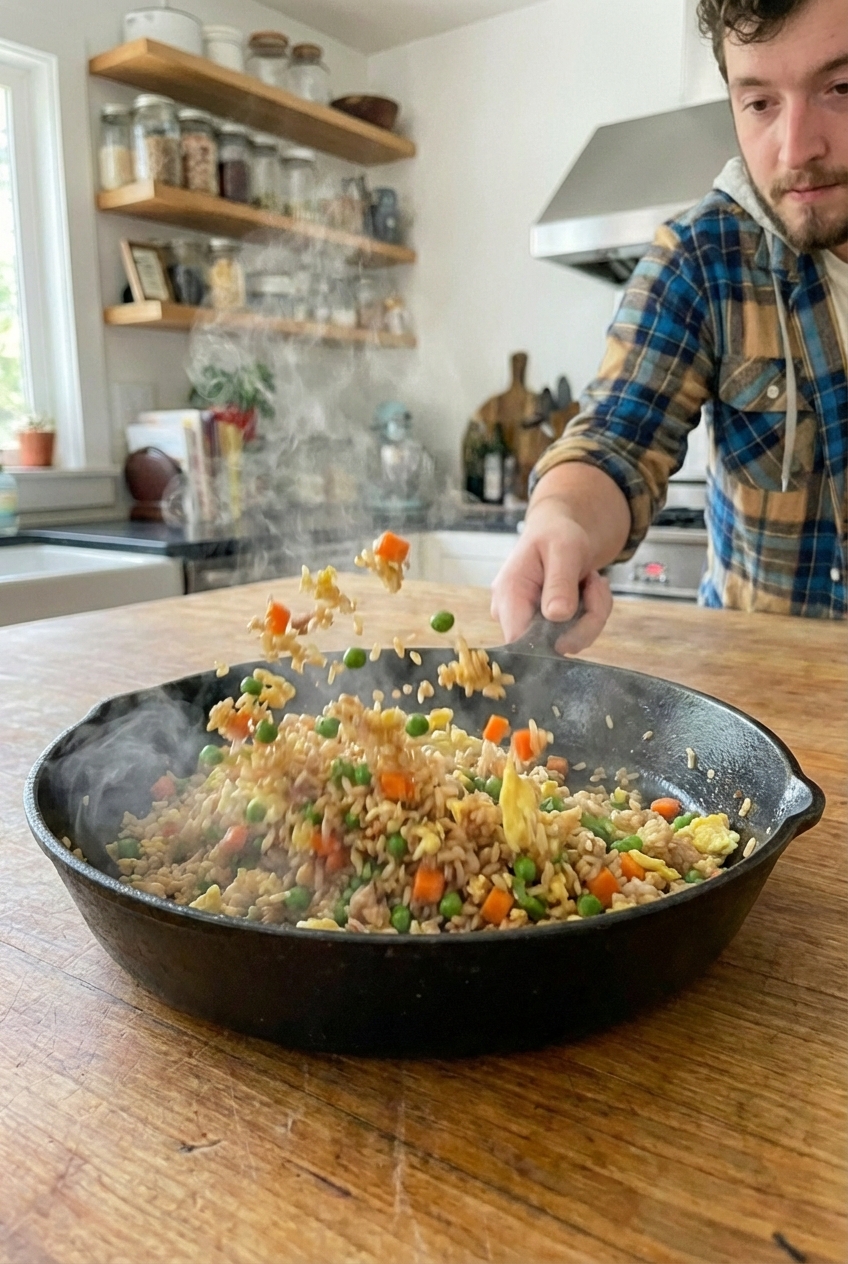 Fried rice being tossed in a hot skillet with a spatula, showing separate grains and steam rising