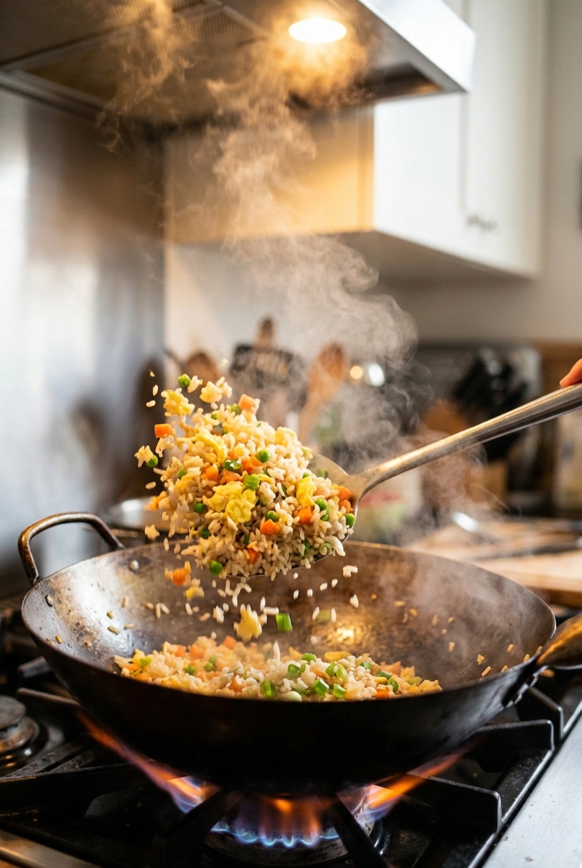 Fried rice being tossed in a hot wok with a metal spatula, showing separated grains and steam rising