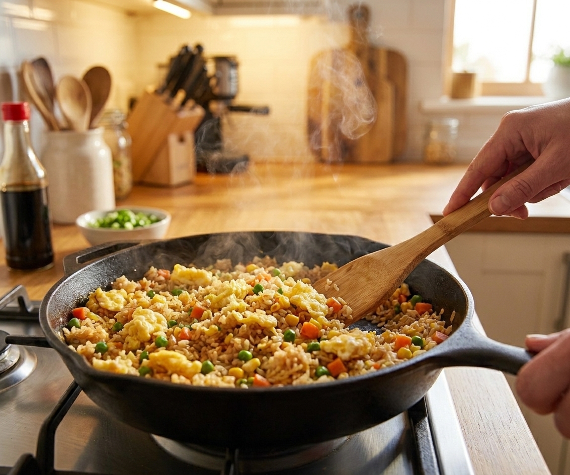 Fried rice sizzling in a large skillet with scrambled egg and mixed vegetables, steam rising under warm kitchen lighting
