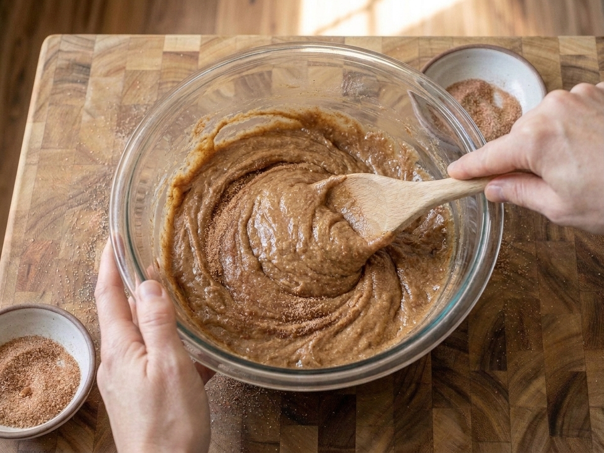 Friendship bread batter being stirred in a clear glass mixing bowl with a wooden spoon on a kitchen counter
