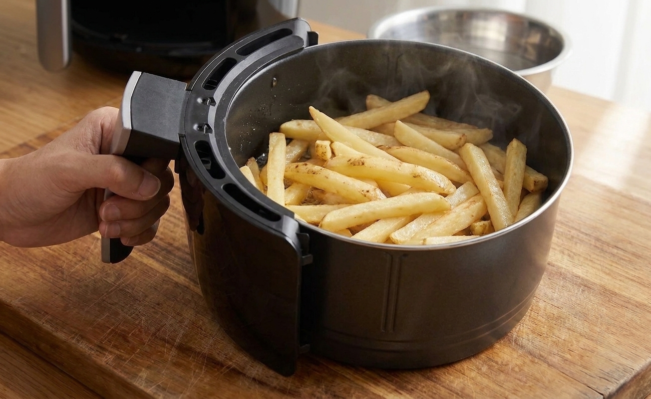 Fries cooking in an air fryer basket that is partially pulled open, showing lightly browned potato sticks
