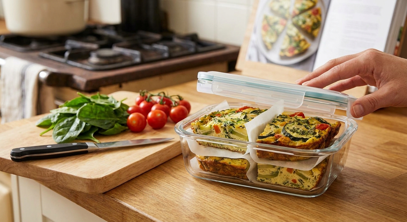 Frittata slices stored in a meal prep container with parchment between layers