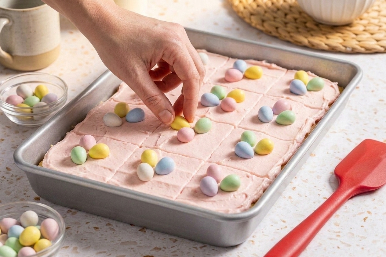 Frosted cookie bars in a baking pan being topped with pastel candy-coated mini eggs