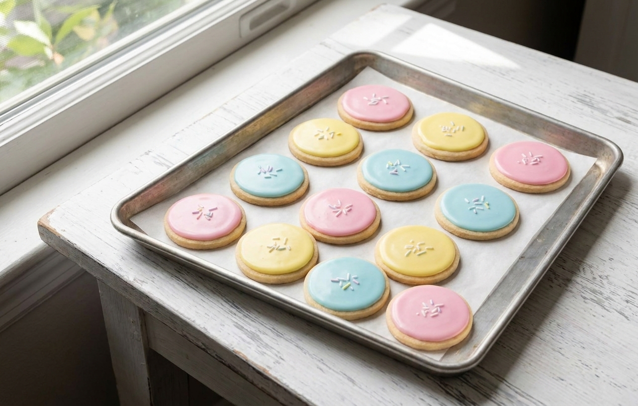 Frosted sugar cookies arranged in a single layer on a baking sheet, resting to dry on a kitchen counter near a window