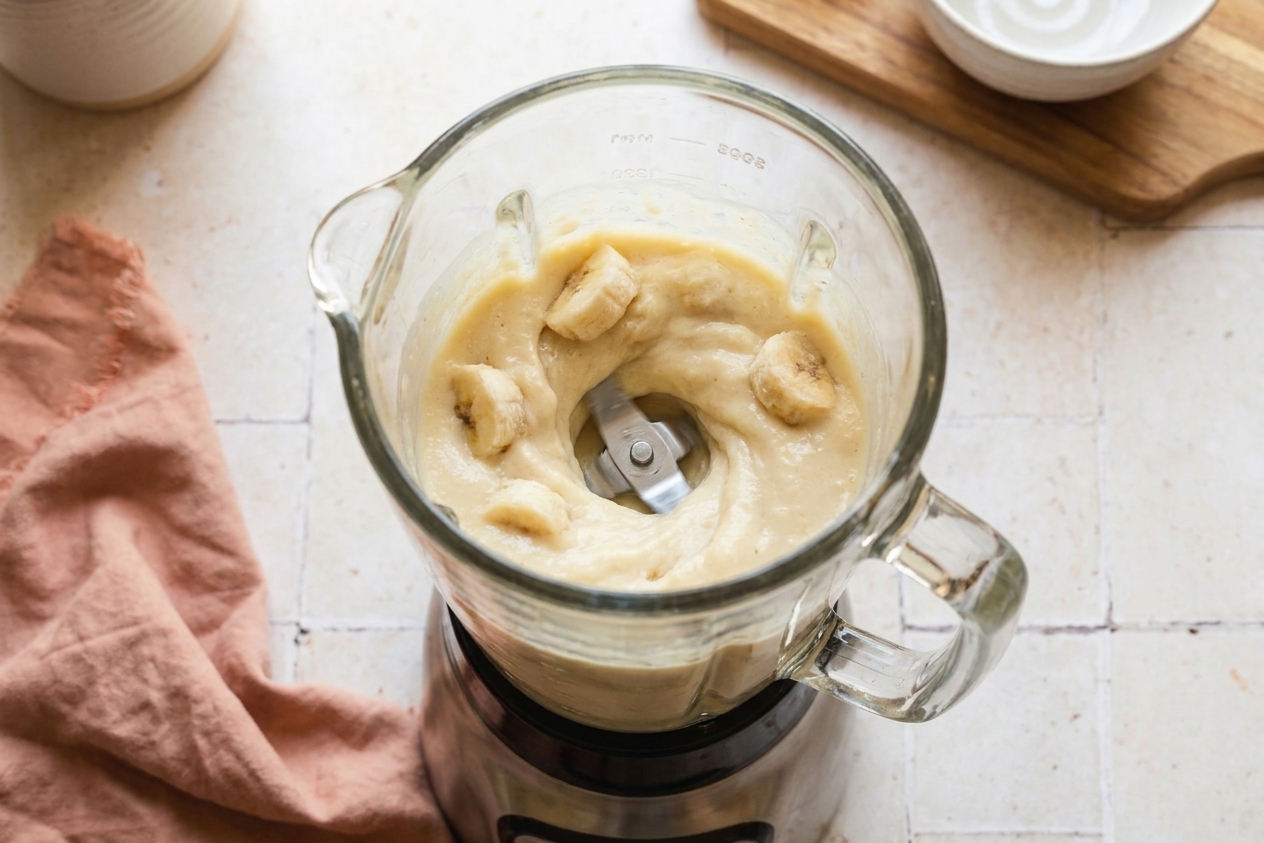Frozen banana slices being blended into a thick creamy mixture in a countertop blender on a bright kitchen counter