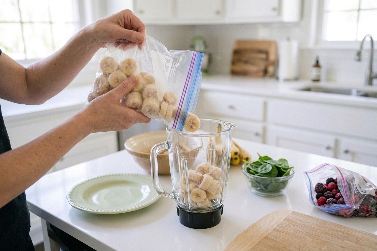 Frozen banana slices being poured into a blender jar on a kitchen counter with other smoothie ingredients nearby