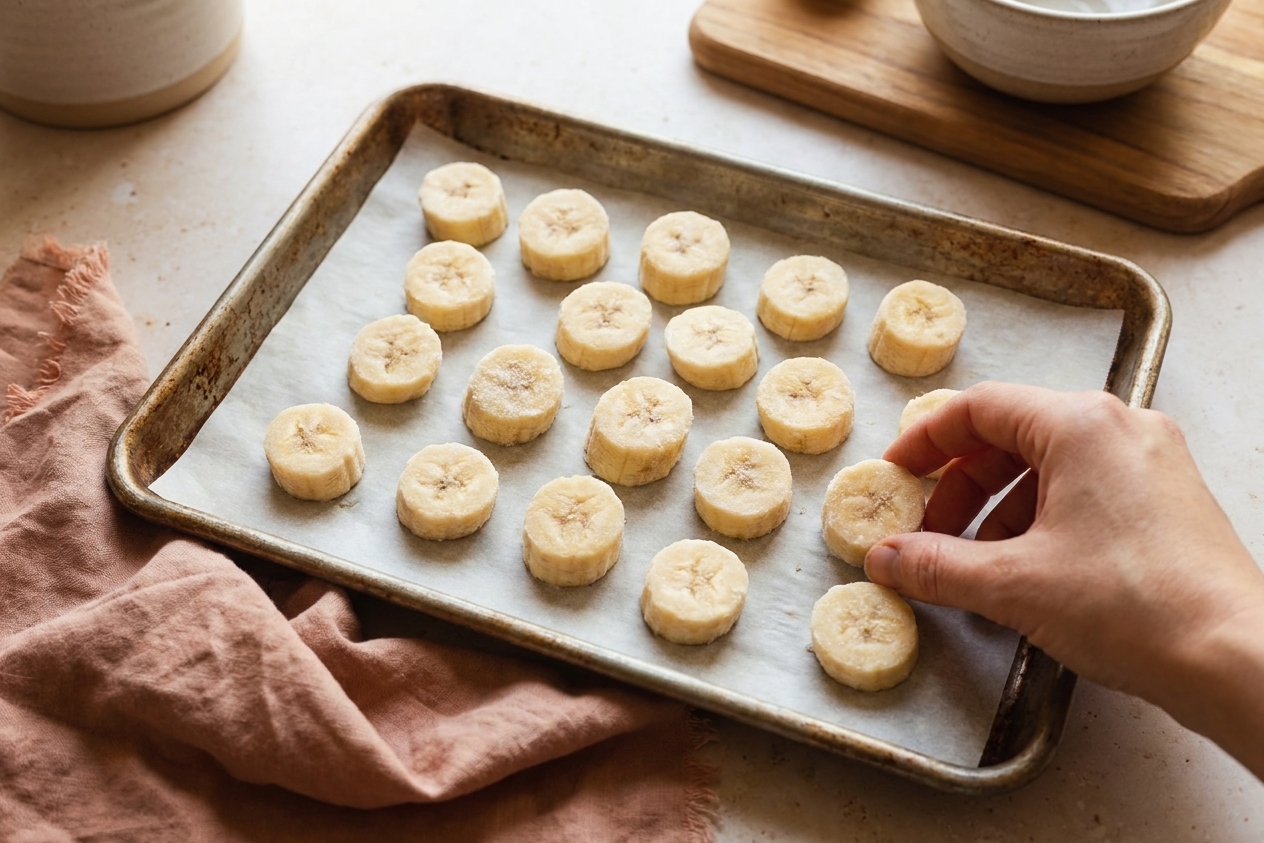 Frozen banana slices spread in a single layer on a parchment-lined sheet pan on a light kitchen counter