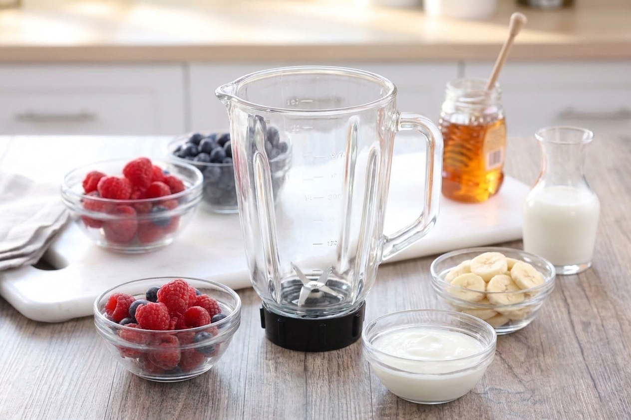 Frozen berries, sliced banana, yogurt, milk, honey, and a blender jar arranged on a bright kitchen counter