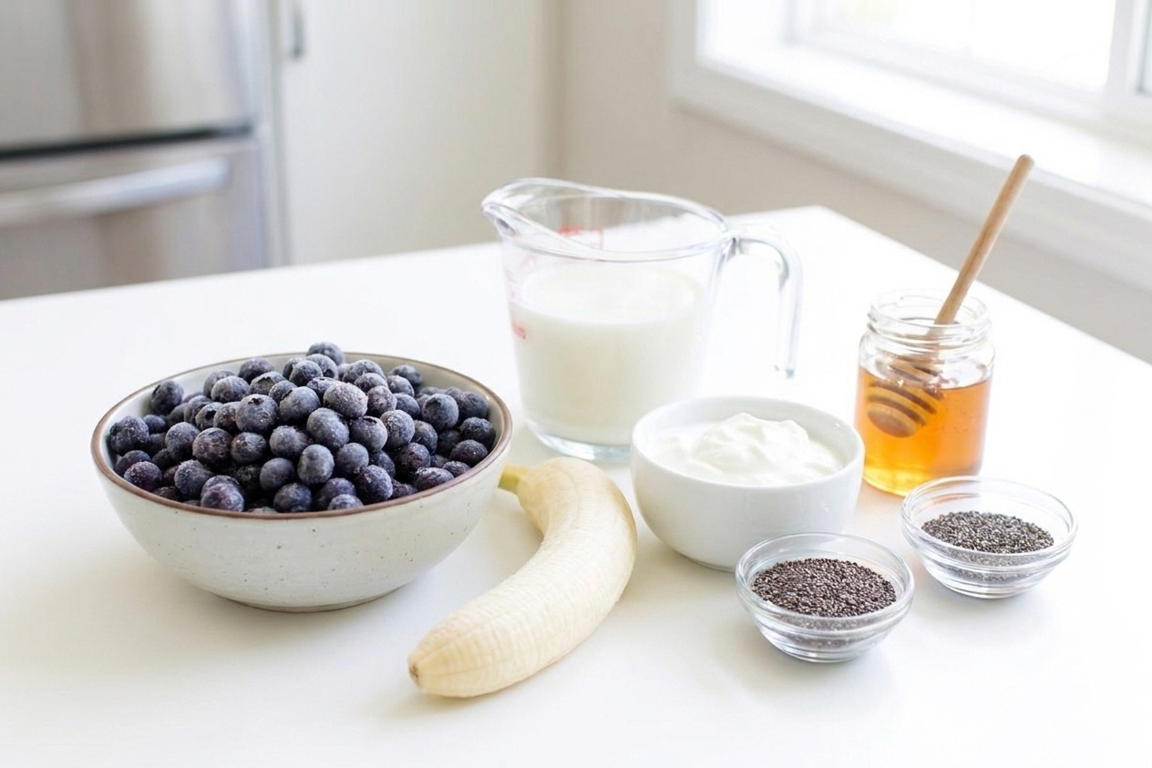 Frozen blueberries, a peeled banana, Greek yogurt, milk, honey, and chia seeds arranged on a clean kitchen counter in natural light