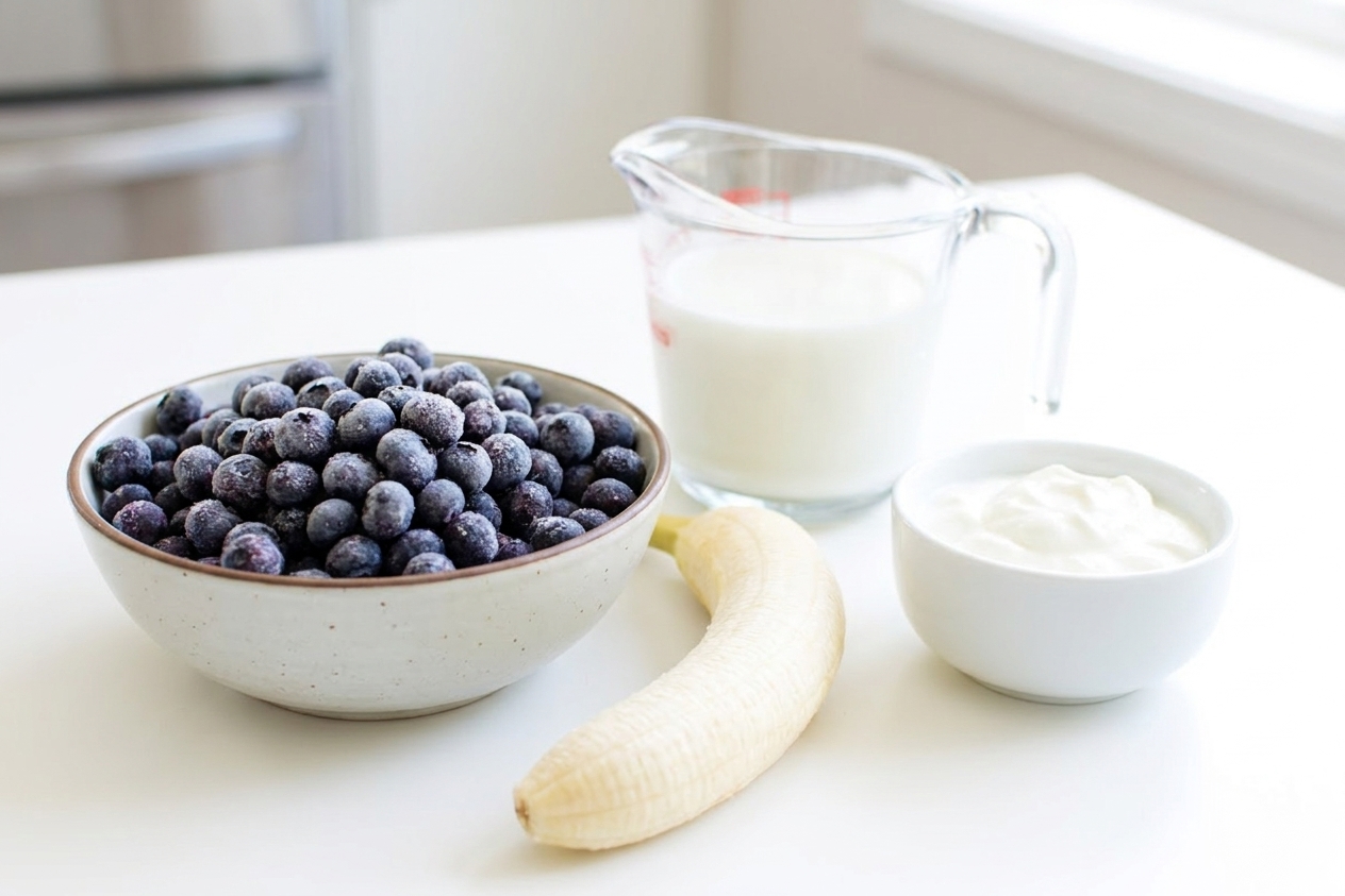 Frozen blueberries in a bowl beside a banana, a small bowl of Greek yogurt, and a measuring cup of milk on a home kitchen counter