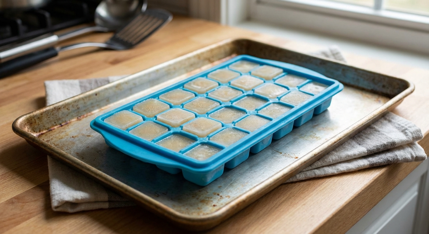 Frozen chicken stock cubes in a silicone ice cube tray on a baking sheet