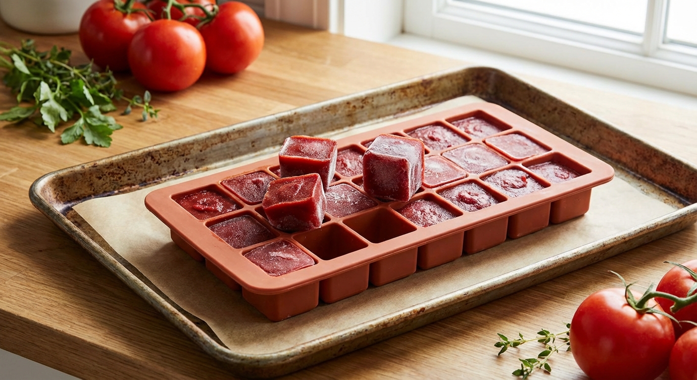 Frozen cubes of tomato paste in a silicone tray on a baking sheet