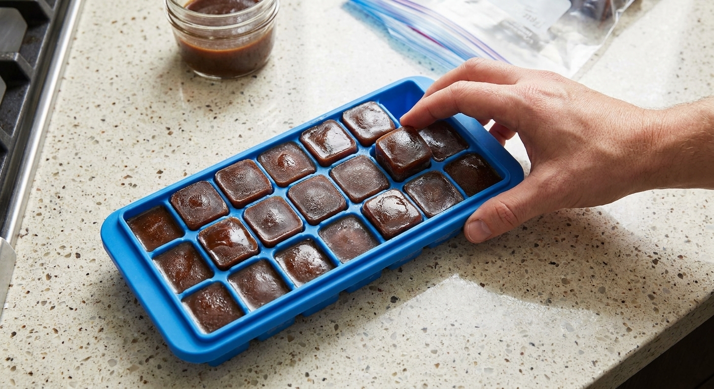 Frozen demi-glace cubes in a silicone ice cube tray on a kitchen counter, ready for meal prep