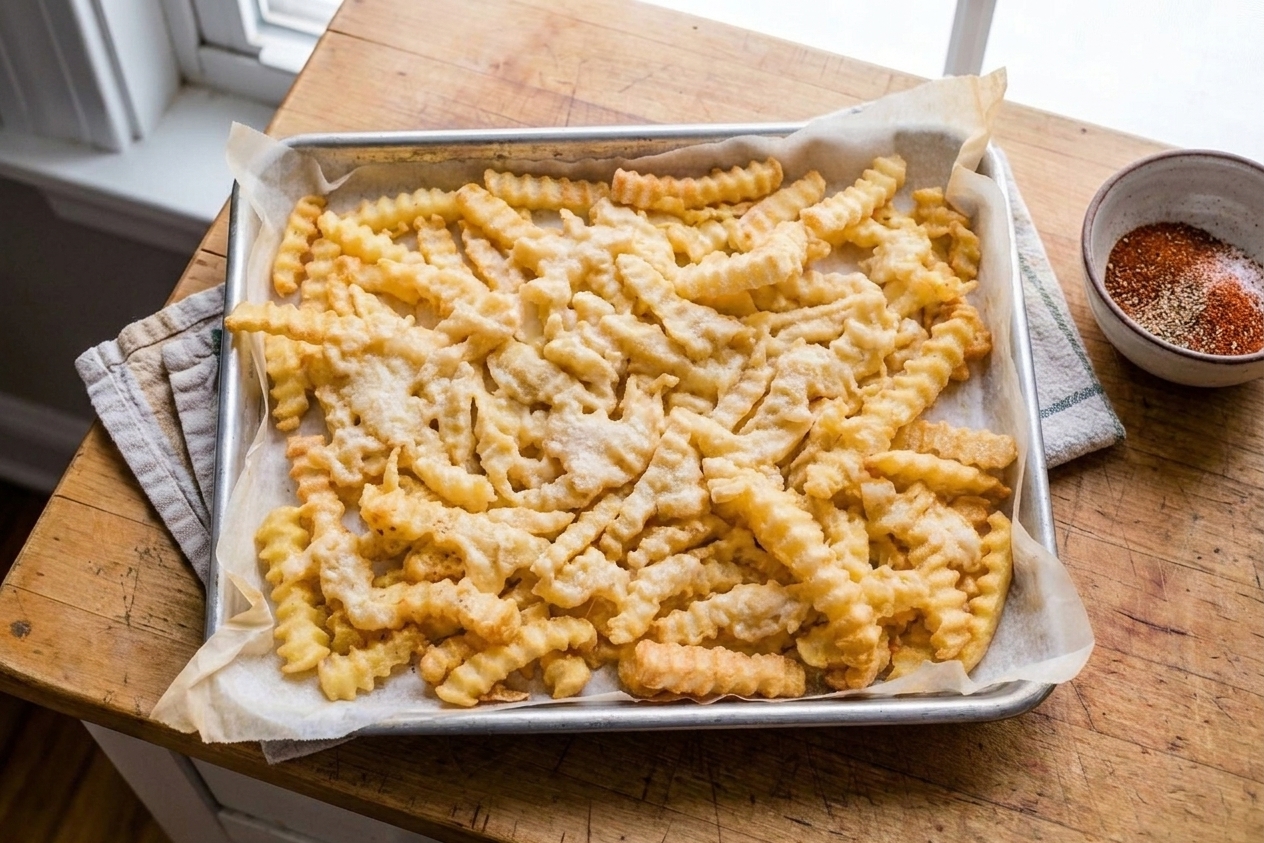 Frozen fries spread in a single layer on a parchment lined sheet pan with a small bowl of seasoning nearby