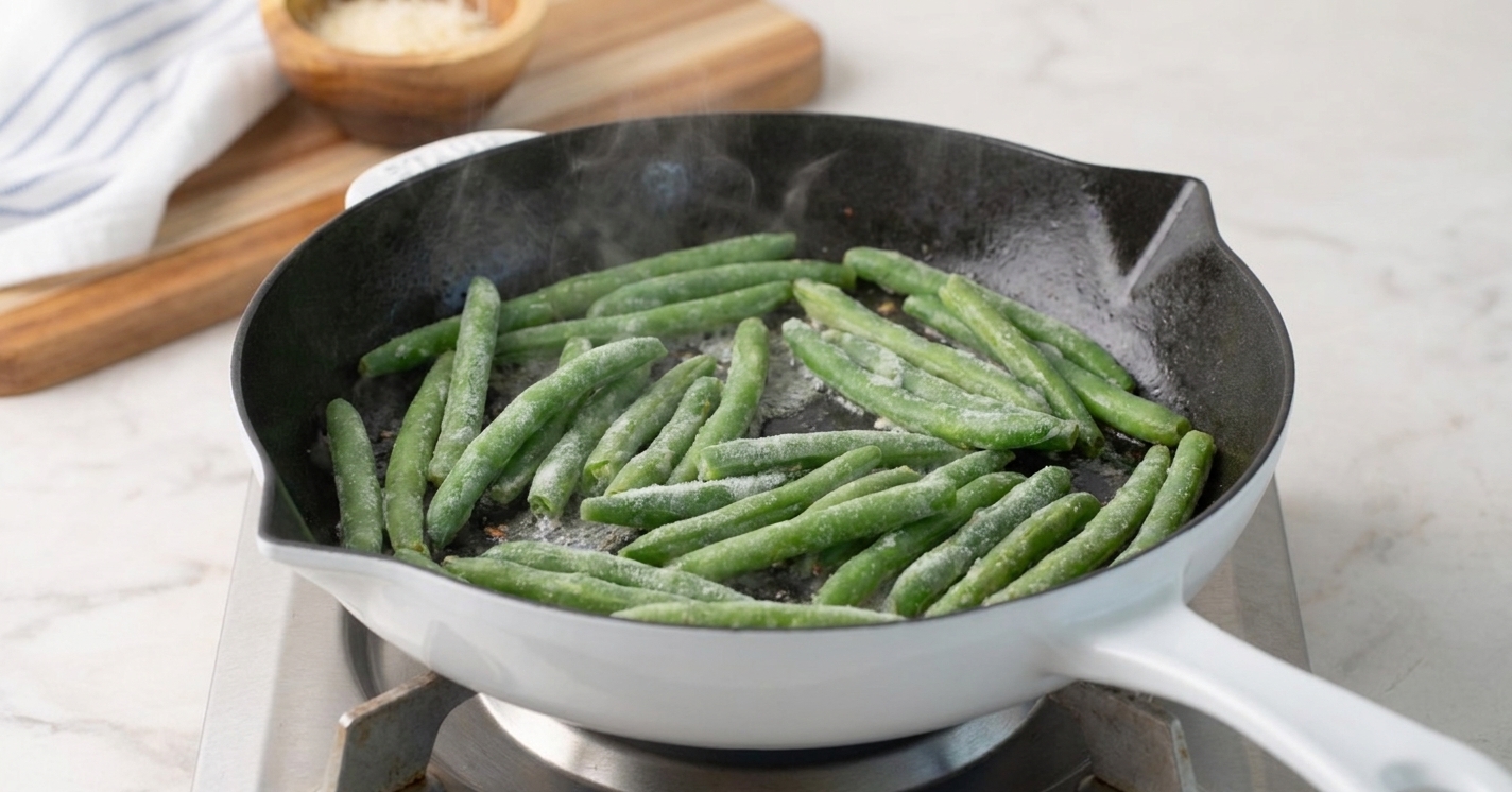 Frozen green beans spread in a single layer in a hot skillet on a stovetop