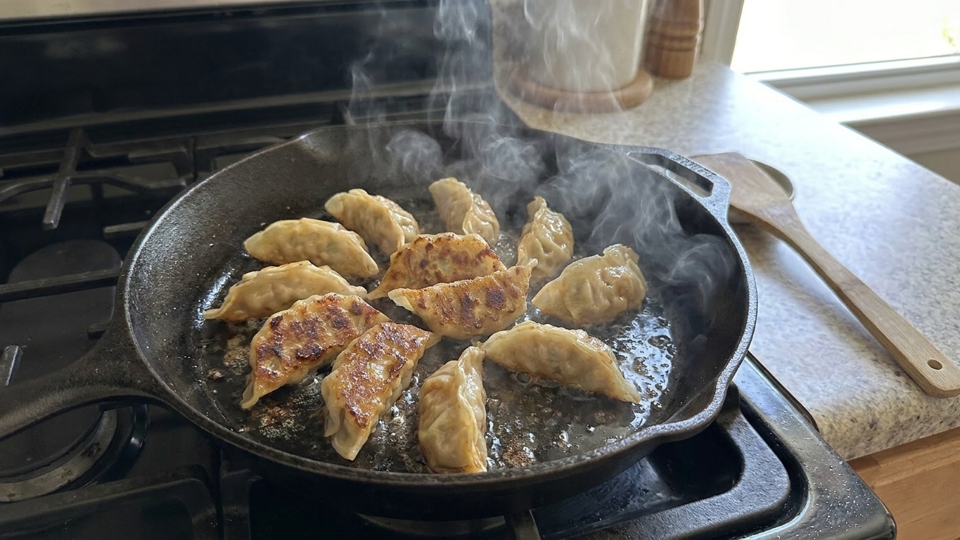 Frozen gyoza dumplings sizzling in a hot skillet as their bottoms turn golden brown, steam rising in a home kitchen