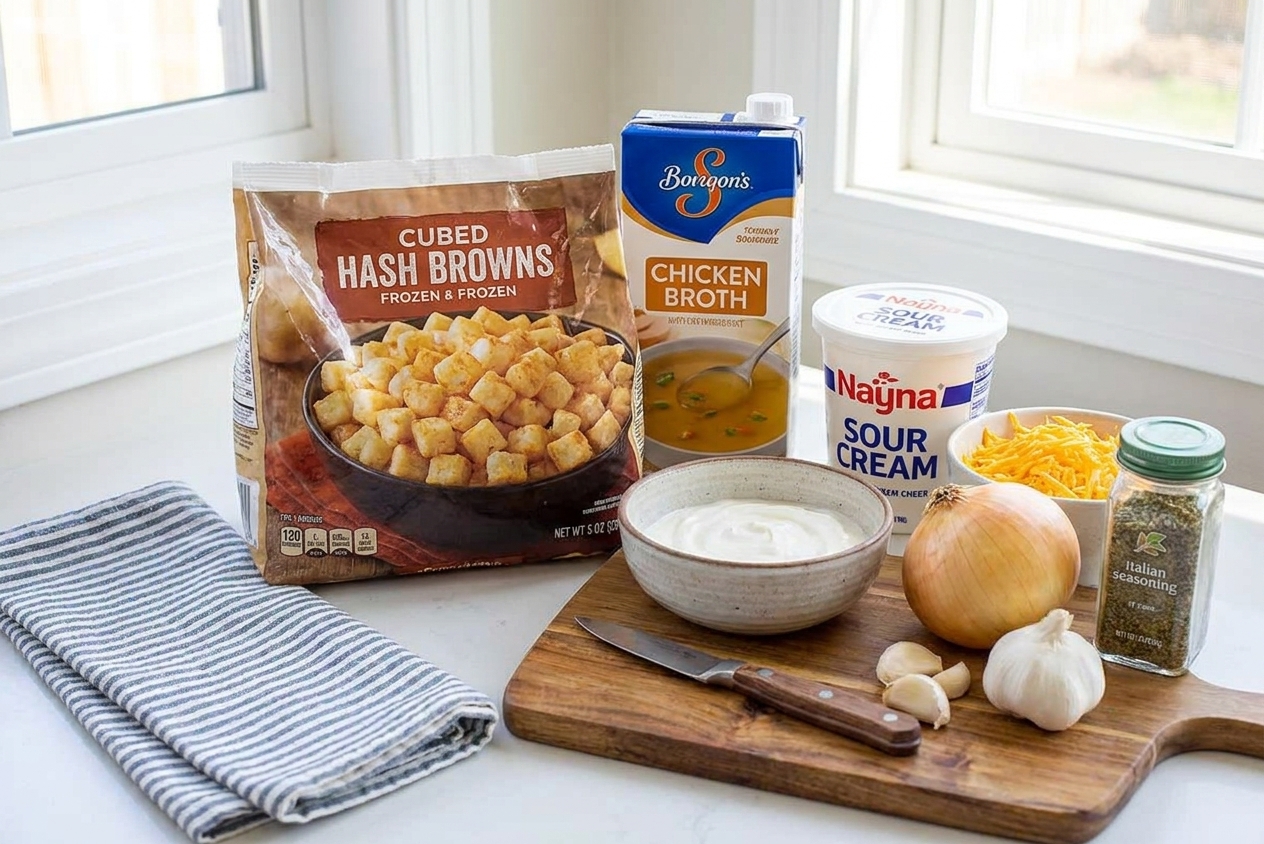 Frozen hash browns, chicken broth, sour cream, shredded cheddar, garlic, onion, and seasonings arranged on a bright kitchen counter
