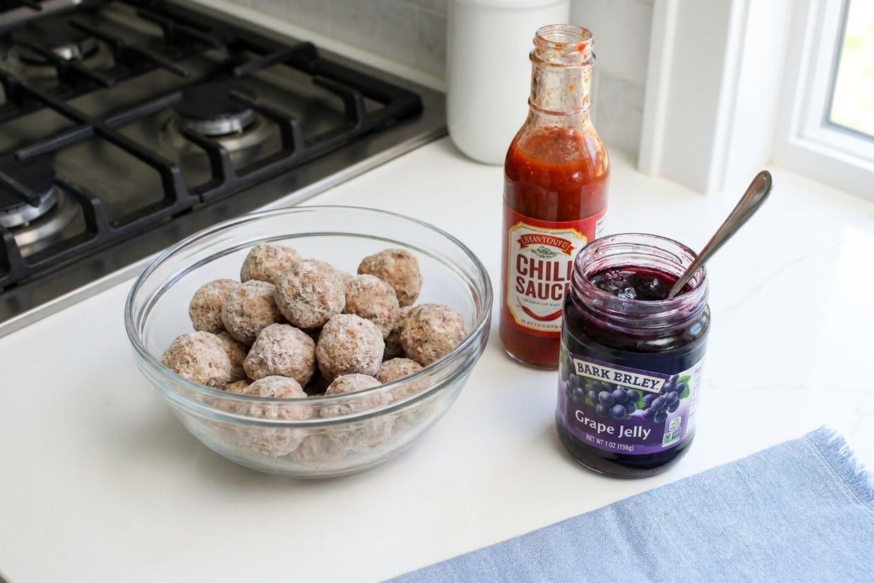 Frozen meatballs, a jar of grape jelly, and a bottle of chili sauce on a kitchen counter ready for cooking