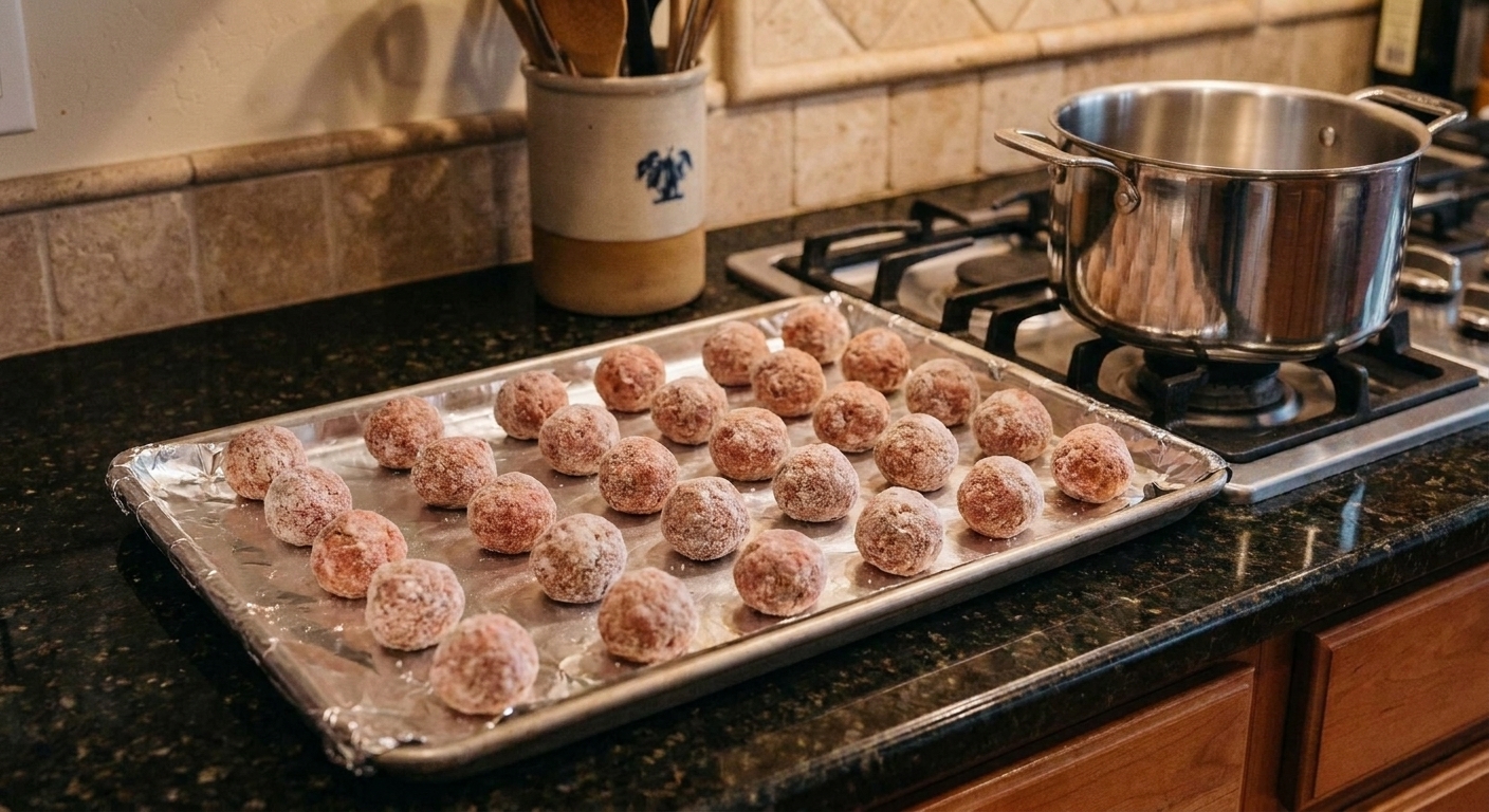 Frozen meatballs spread in a single layer on a foil-lined sheet pan ready to go into the oven