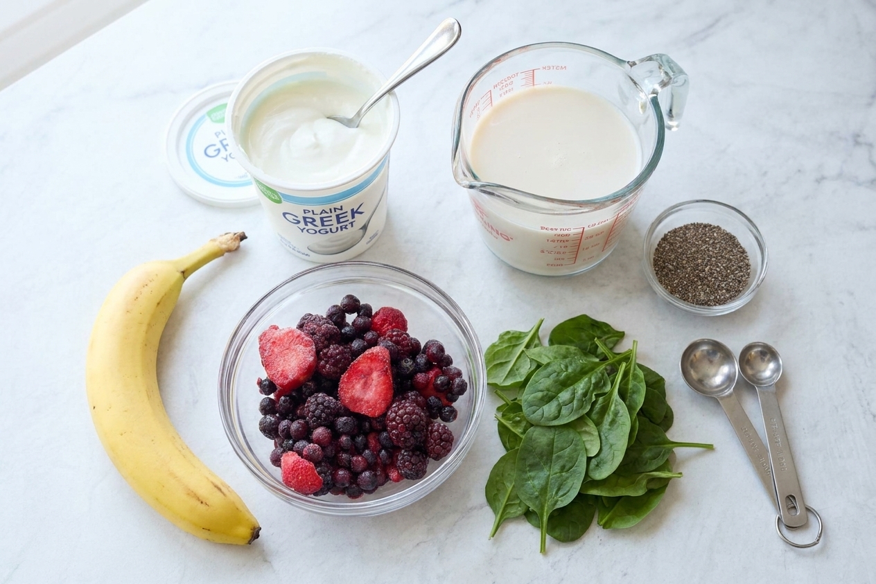 Frozen mixed berries, a banana, a tub of Greek yogurt, chia seeds, spinach, almond milk, and measuring spoons arranged on a clean kitchen counter