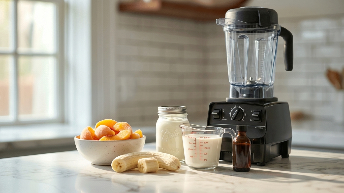 Frozen peach slices, a banana, Greek yogurt, milk, and vanilla extract arranged on a clean kitchen counter beside a blender