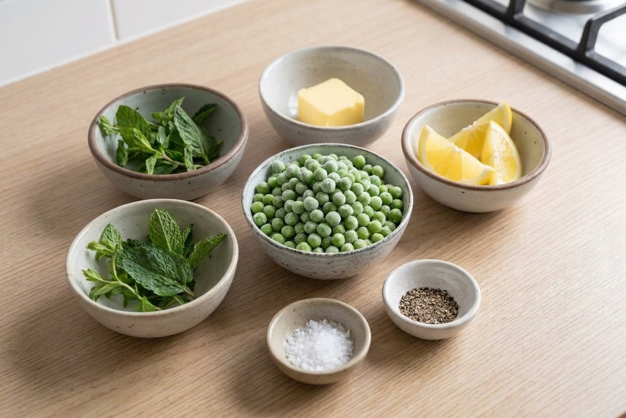 Frozen peas, butter, fresh mint, lemon, salt, and black pepper arranged on a light kitchen counter in small bowls