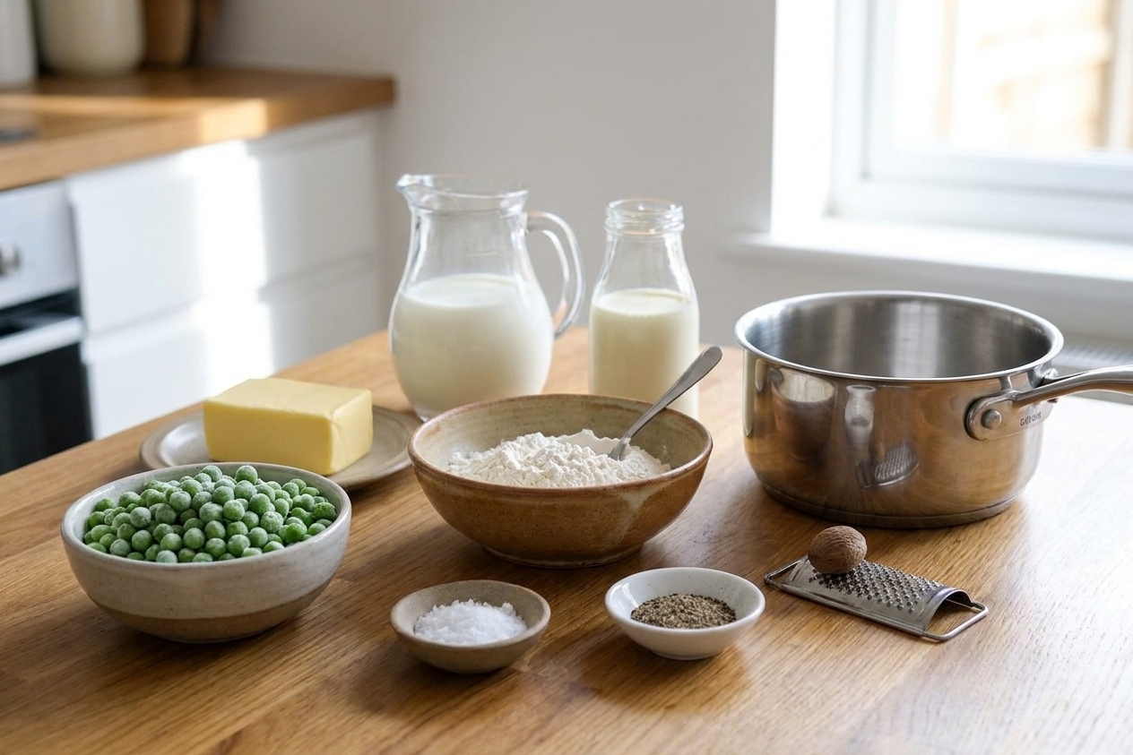 Frozen peas, butter, milk, cream, flour, salt, pepper, and nutmeg arranged on a bright kitchen counter with a small saucepan nearby
