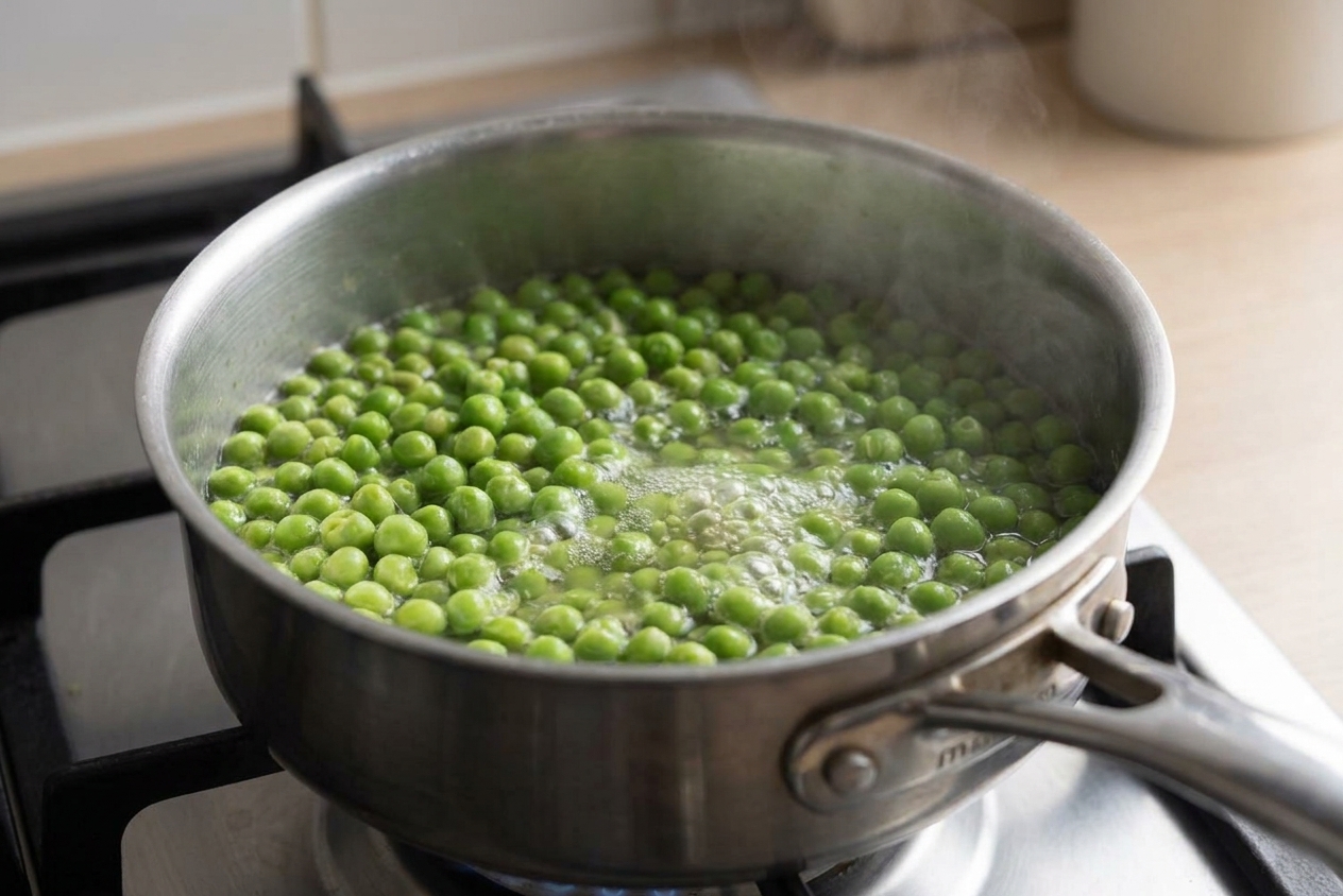 Frozen peas simmering in a medium saucepan on a stovetop with gentle bubbles breaking the surface
