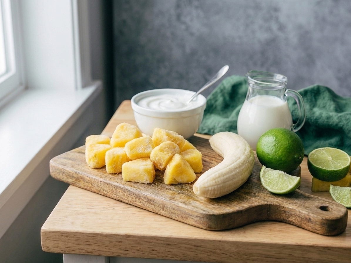 Frozen pineapple chunks, a peeled banana, a small bowl of Greek yogurt, lime, and a small pitcher of milk arranged on a neutral kitchen counter