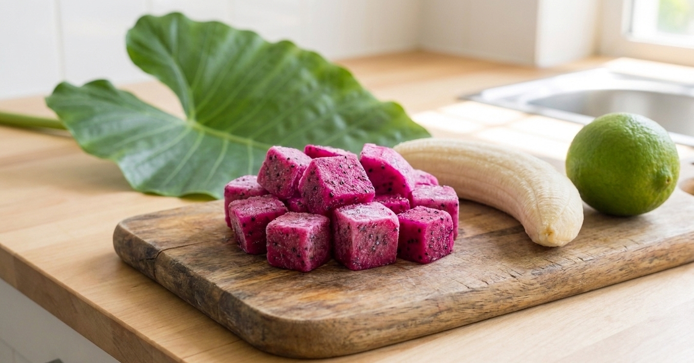 Frozen pink pitaya (dragon fruit) cubes on a wooden cutting board beside a peeled banana and a lime on a kitchen counter